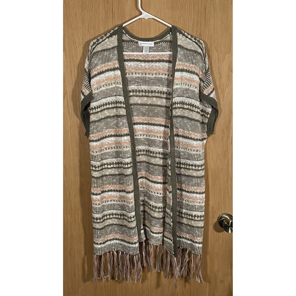 Women's L Open Knit Open Cardigan Fringe Sleeveless Boho Indie Western Coastal